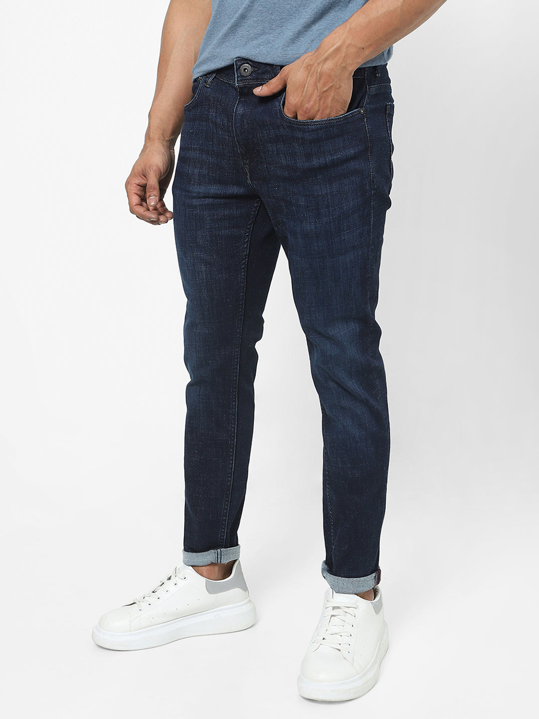 Men Slim Mid Rise Dark Blue Jeans