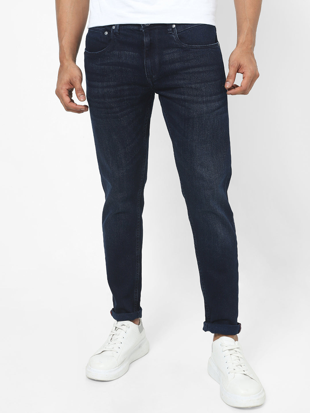 Men Slim Mid Rise Dark Blue Jeans