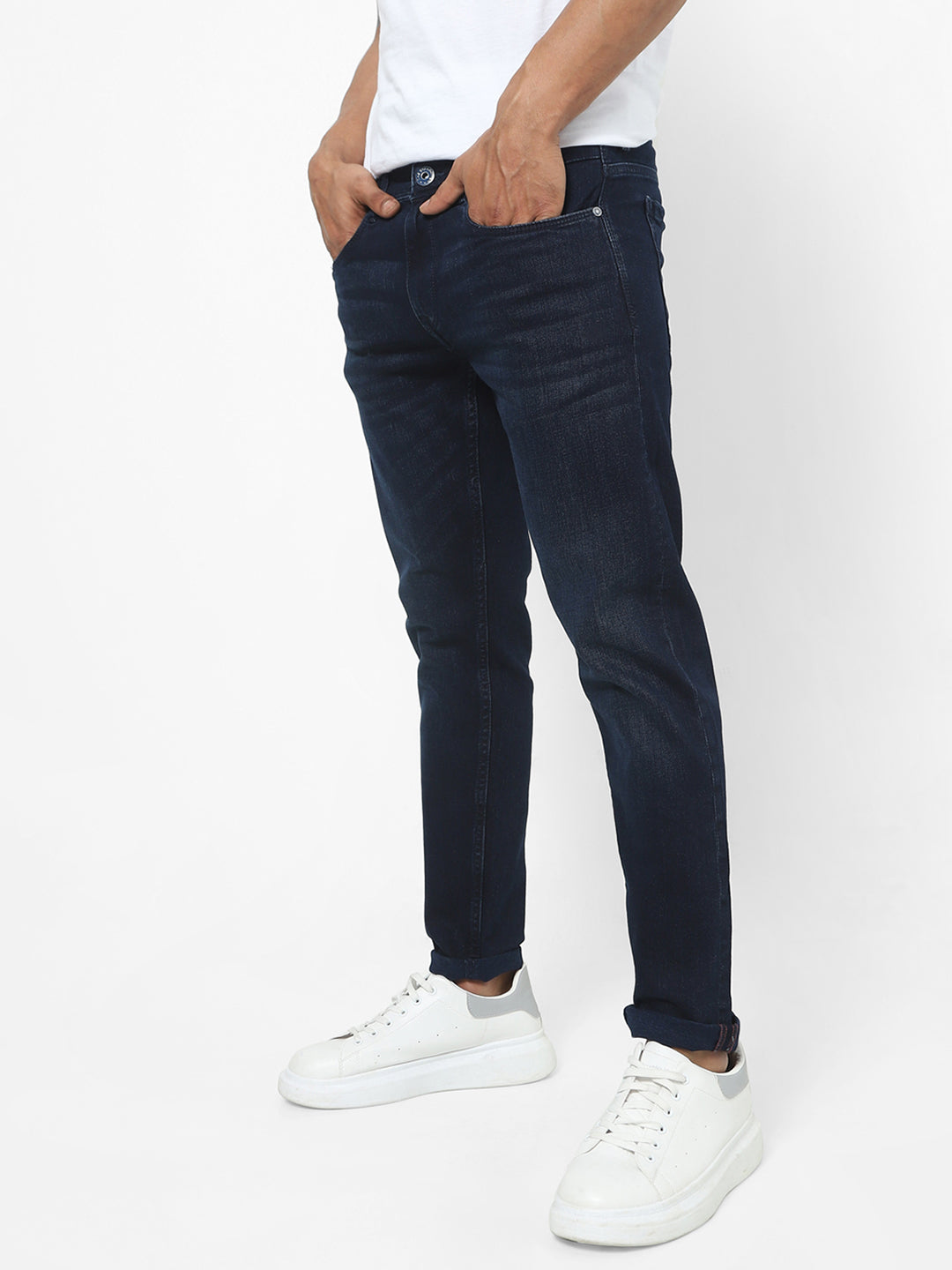 Men Slim Mid Rise Dark Blue Jeans