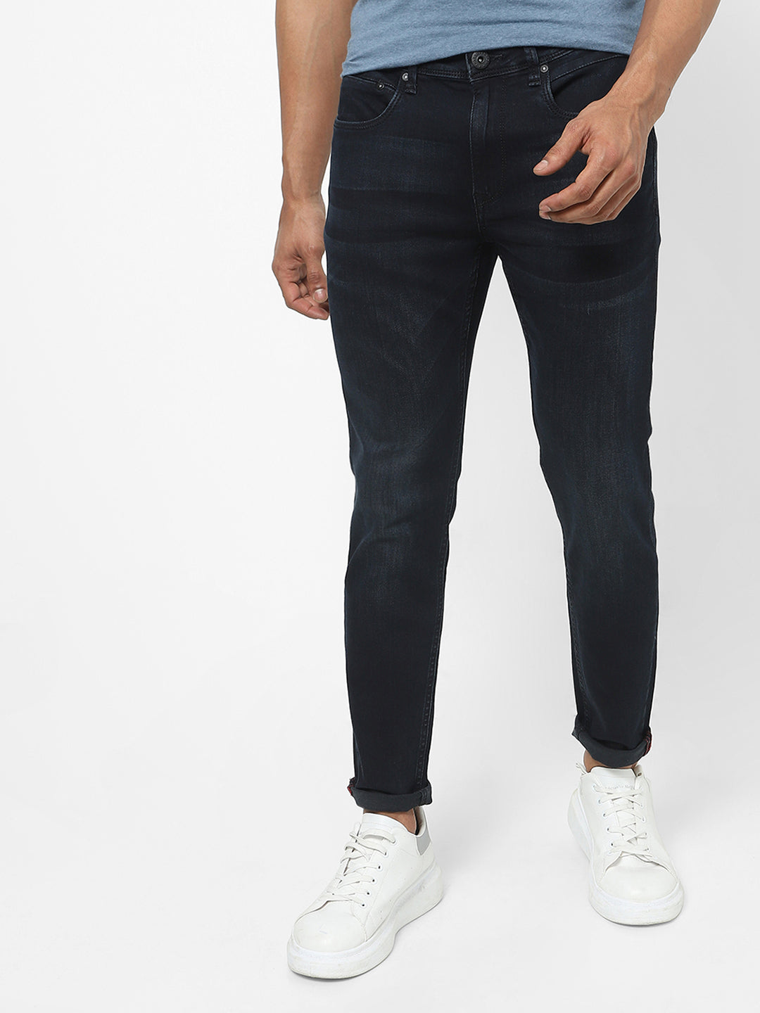 Men Slim Mid Rise Dark Blue Jeans