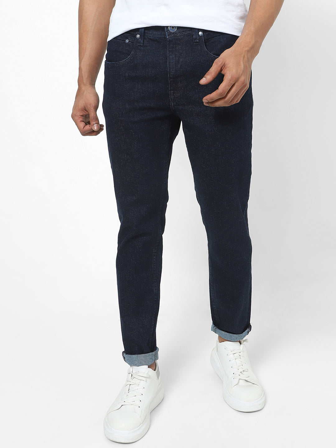 Men Slim Mid Rise Dark Blue Jeans