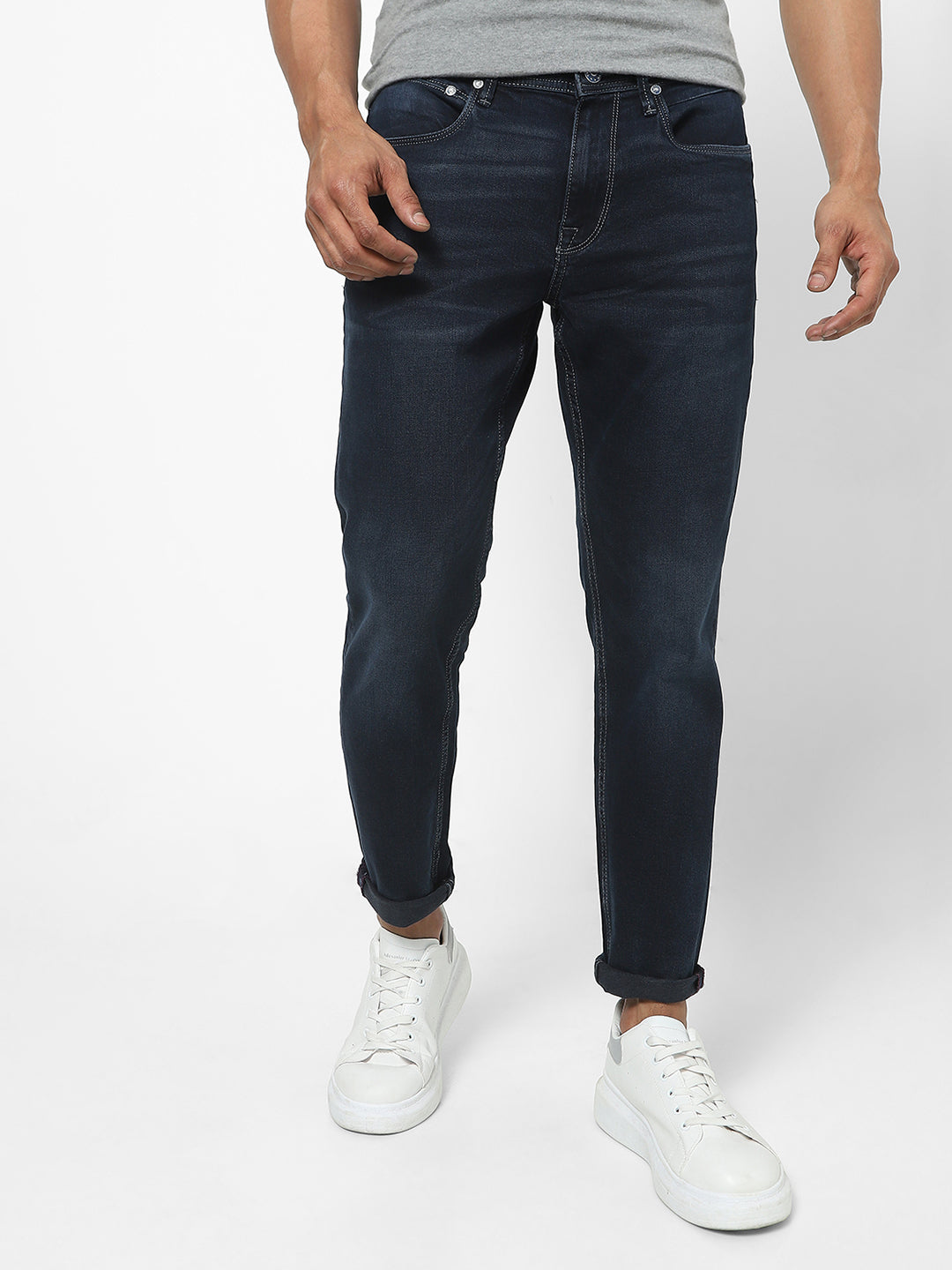 Men Slim Mid Rise Dark Blue Jeans