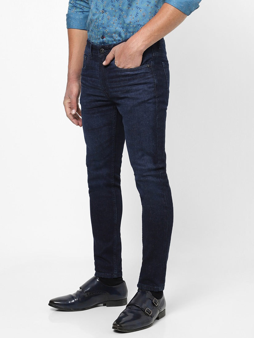 Men Slim Mid Rise Dark Blue Jeans