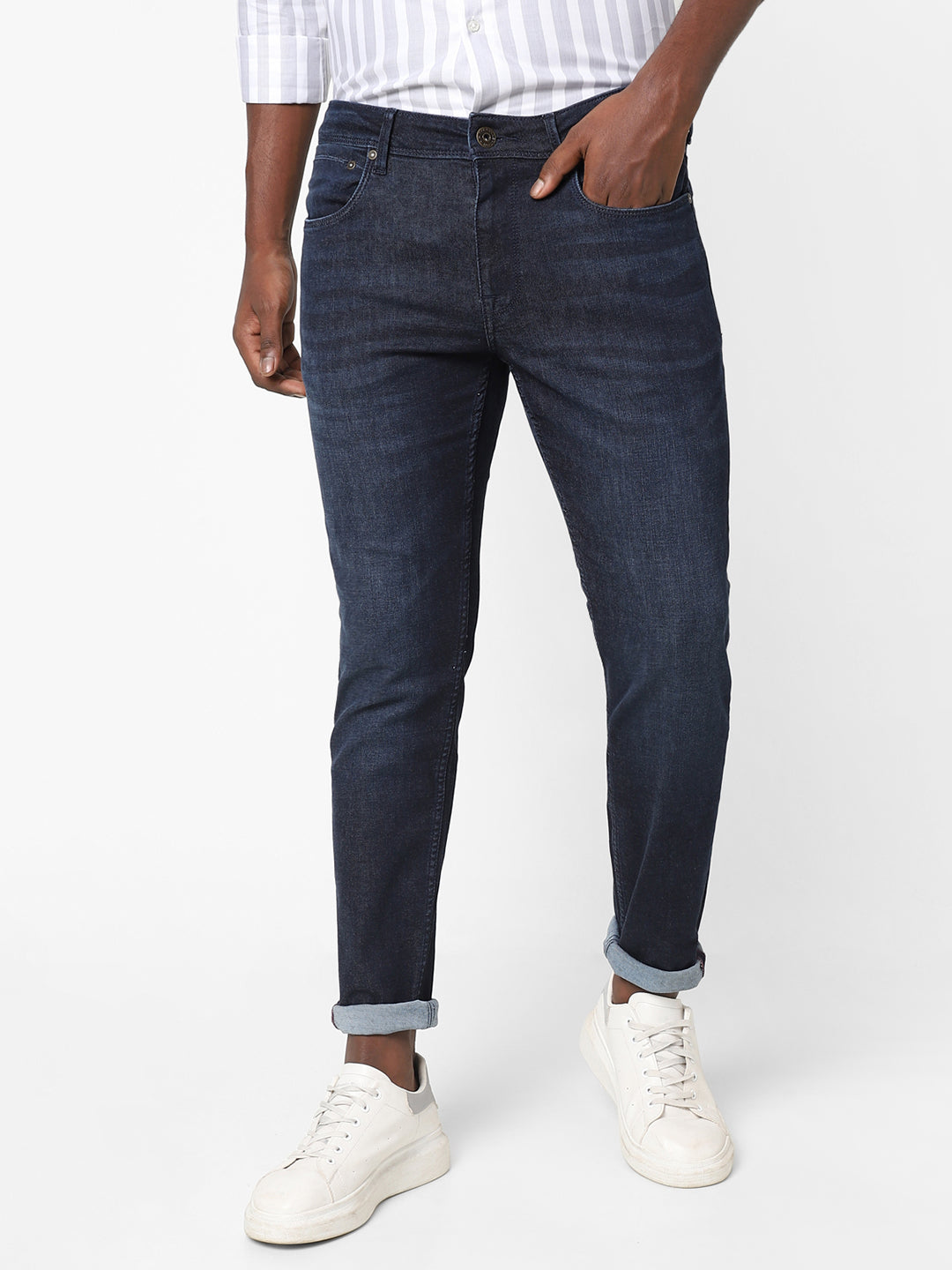 Men Slim Mid Rise Dark Blue Jeans