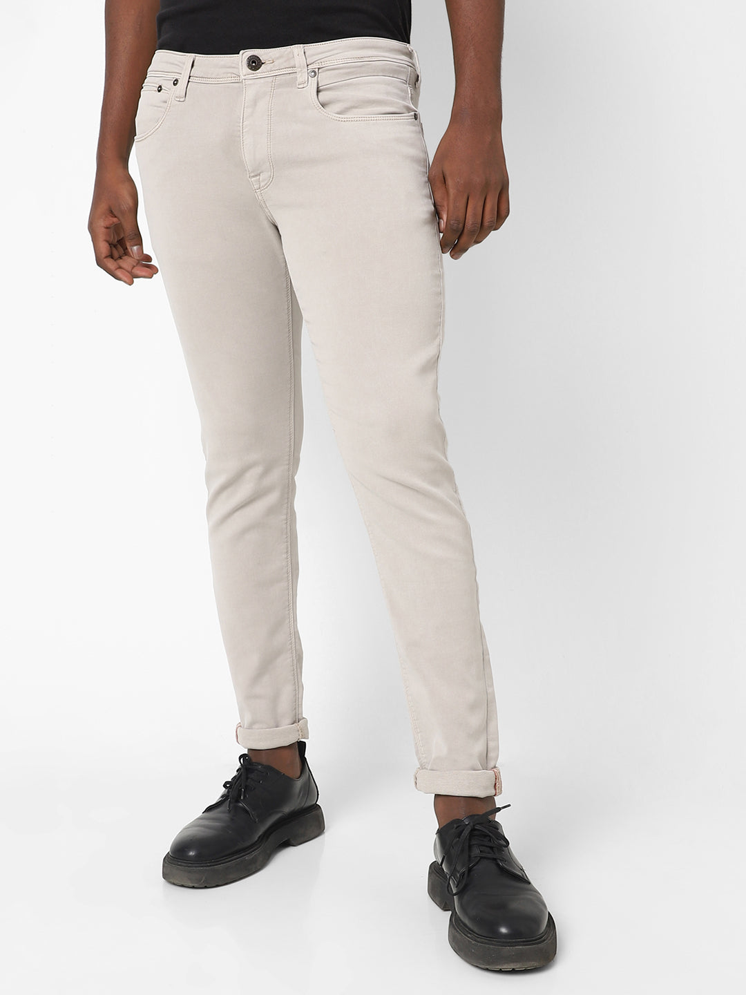 Men Slim Mid Rise Beige Jeans