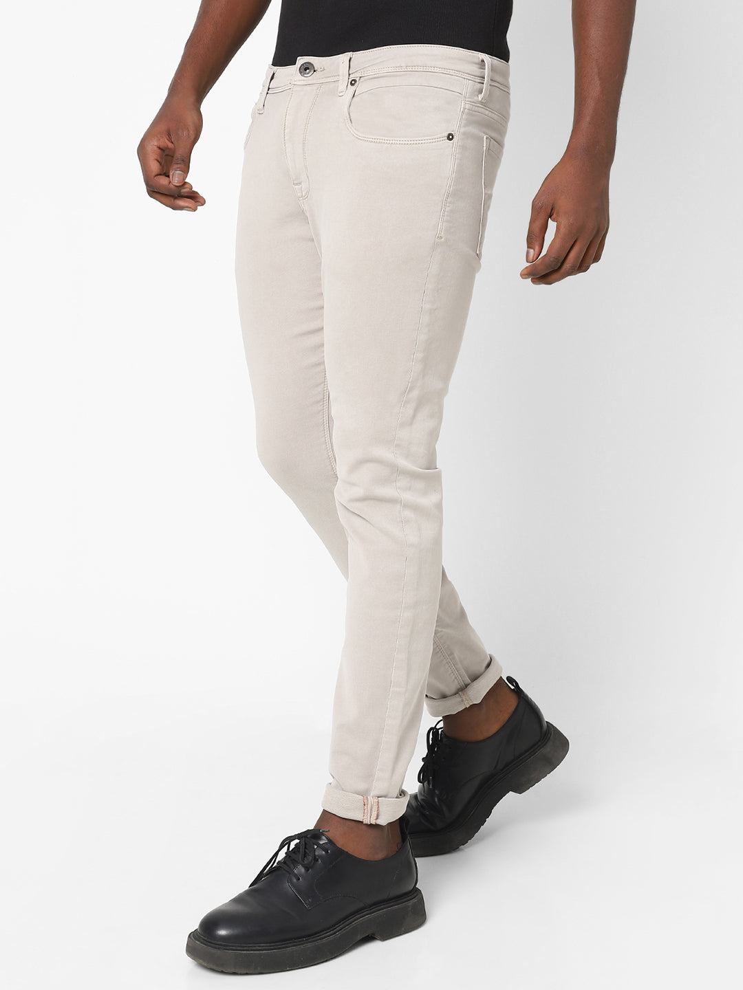 Men Slim Mid Rise Beige Jeans