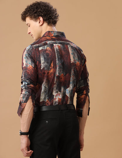 Comfort Fit Cordovan Printed Smart Casual Heavy Satin Shirt (BEAD)