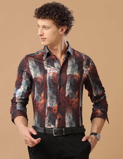 Comfort Fit Cordovan Printed Smart Casual Heavy Satin Shirt (BEAD)