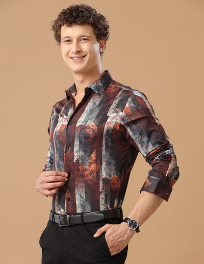 Comfort Fit Cordovan Printed Smart Casual Heavy Satin Shirt (BEAD)