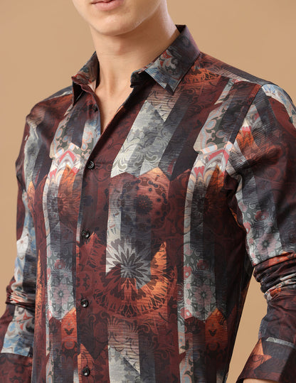 Comfort Fit Cordovan Printed Smart Casual Heavy Satin Shirt (BEAD)