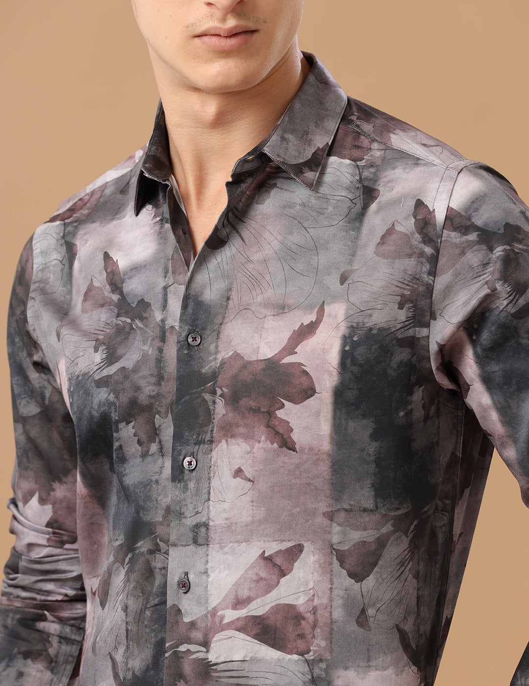 Comfort Fit Printed Voilet Toule Print Smart Casual Heavy Satin Shirt (BONUCCI)