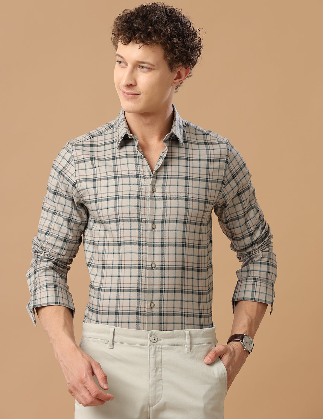 SlimFit Check Cloud Cream Smart Casual Cotton Shirt (BRAD)