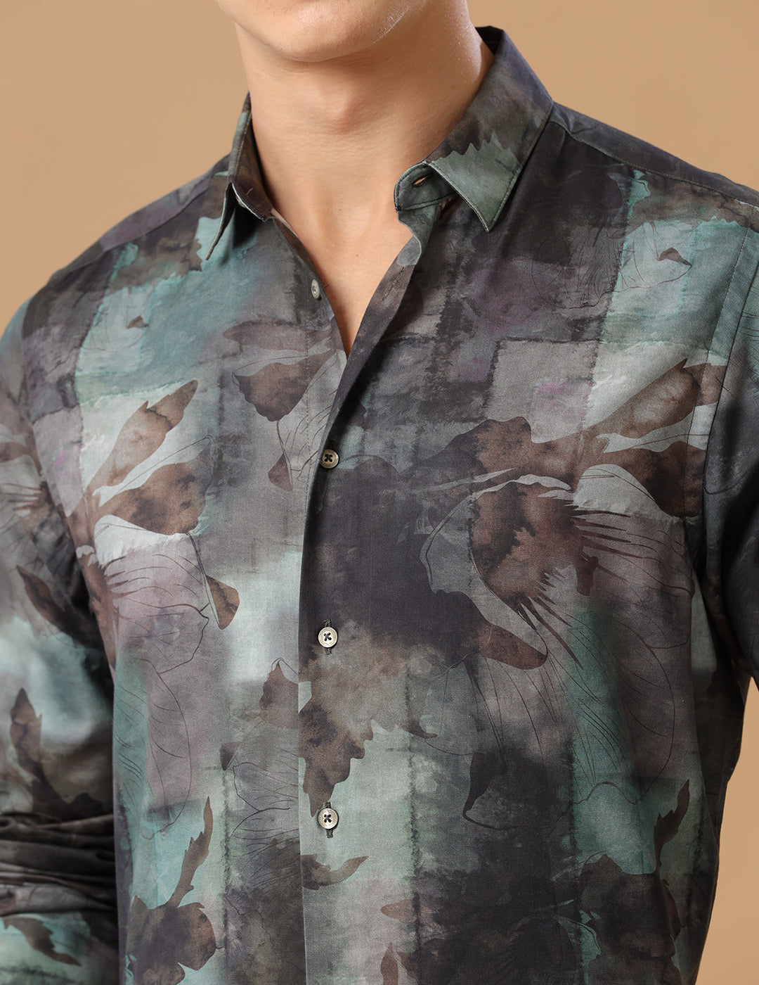 Comfort Fit Printed Gunmetal Smart Casual Cotton Tencel Shirt (COURAGE)