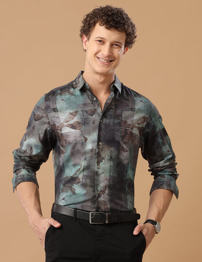 Comfort Fit Printed Gunmetal Smart Casual Cotton Tencel Shirt (COURAGE)