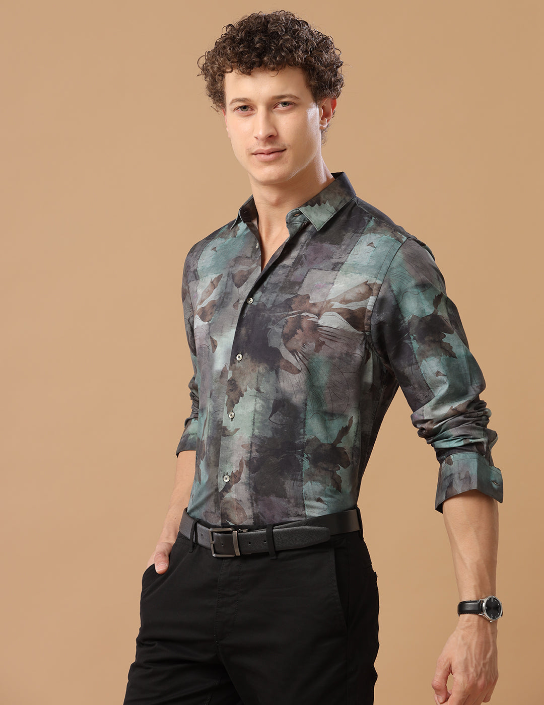 Comfort Fit Printed Gunmetal Smart Casual Cotton Tencel Shirt (COURAGE)