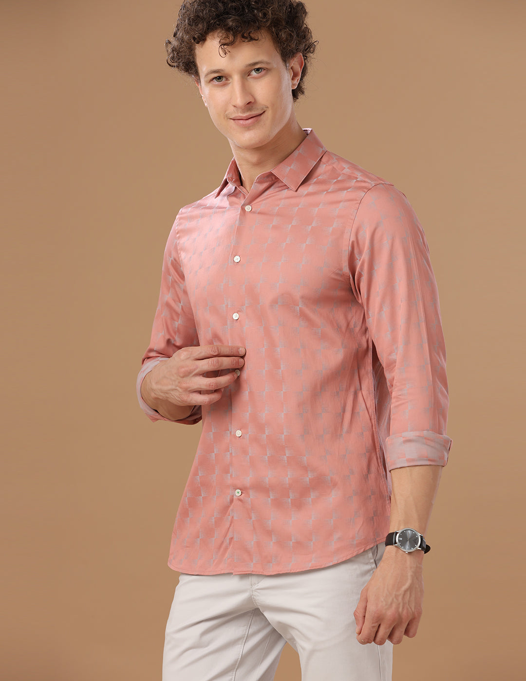 SlimFit Vertical Stripe Salmon Rose Smart Casual Cotton Shirt (DAMIEN)