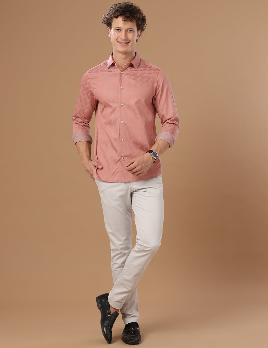 SlimFit Vertical Stripe Salmon Rose Smart Casual Cotton Shirt (DAMIEN)