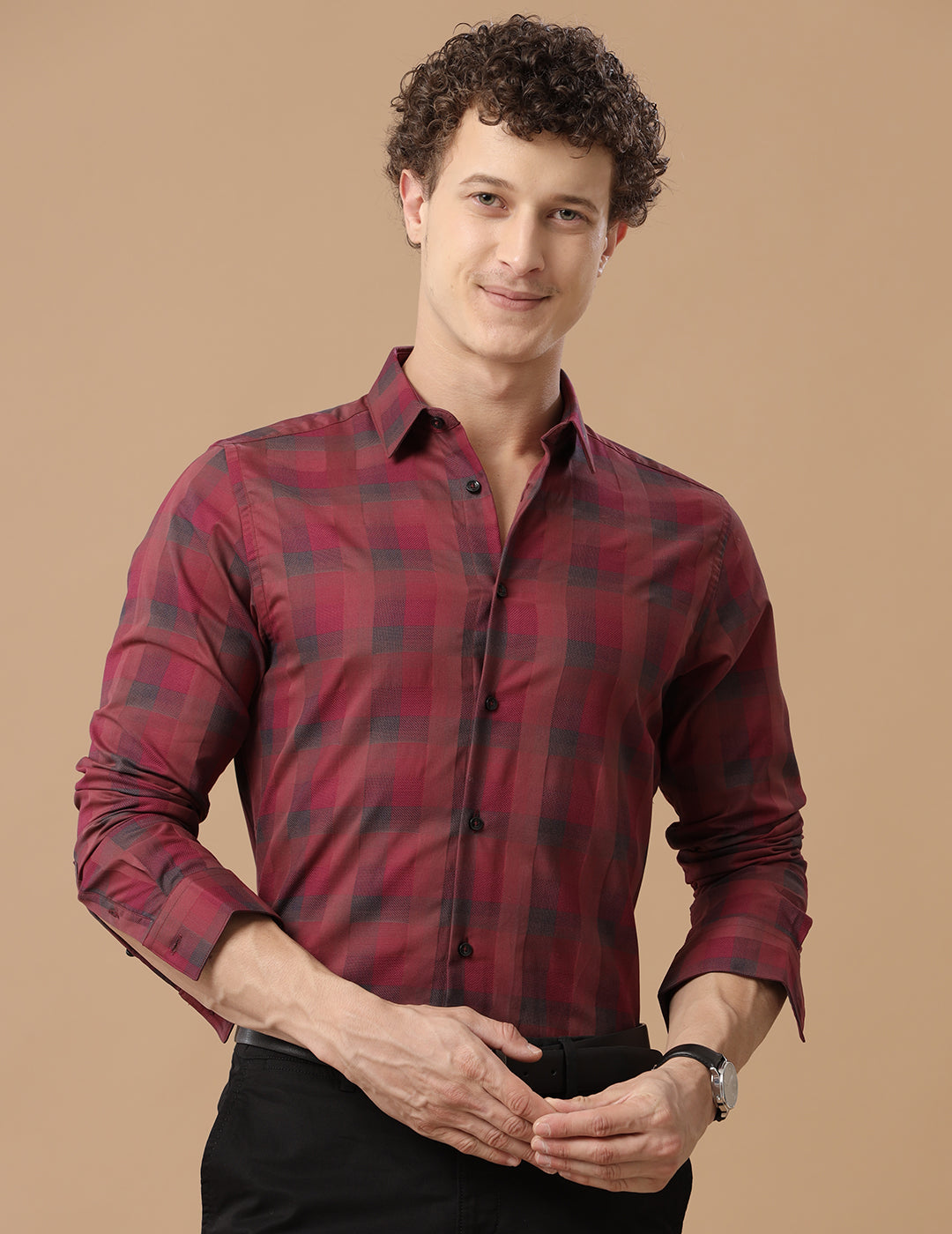 SlimFit Block-Check Rococco Red Smart Casual Cotton Shirt