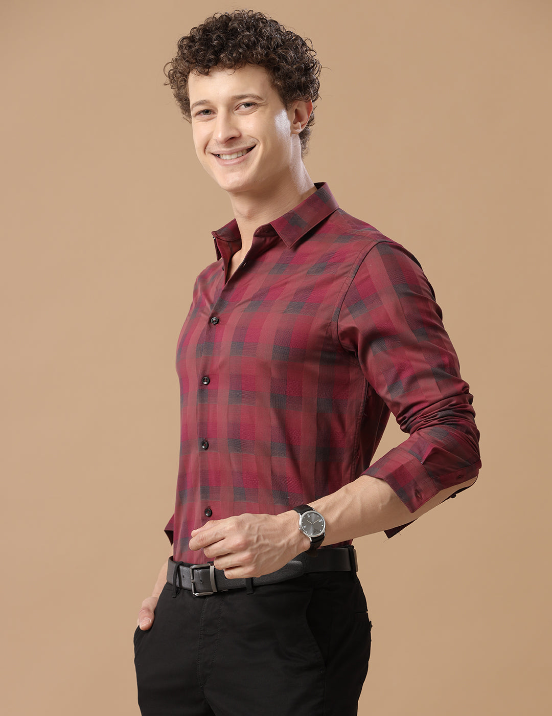 SlimFit Block-Check Rococco Red Smart Casual Cotton Shirt