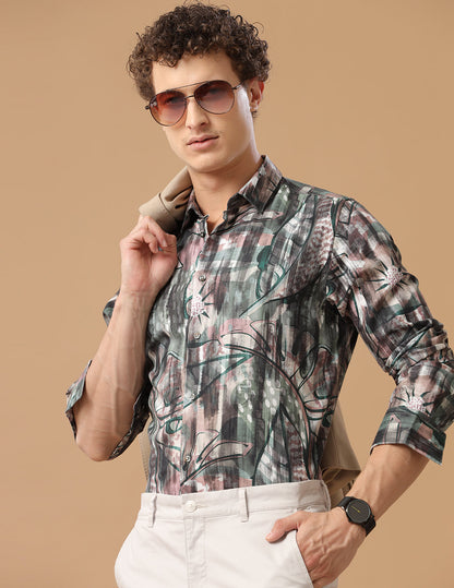 Comfort Fit Printed Walnut Smart Casual Cotton Tencel Shirt (DECO)