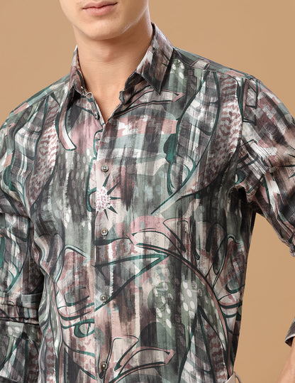 Comfort Fit Printed Walnut Smart Casual Cotton Tencel Shirt (DECO)