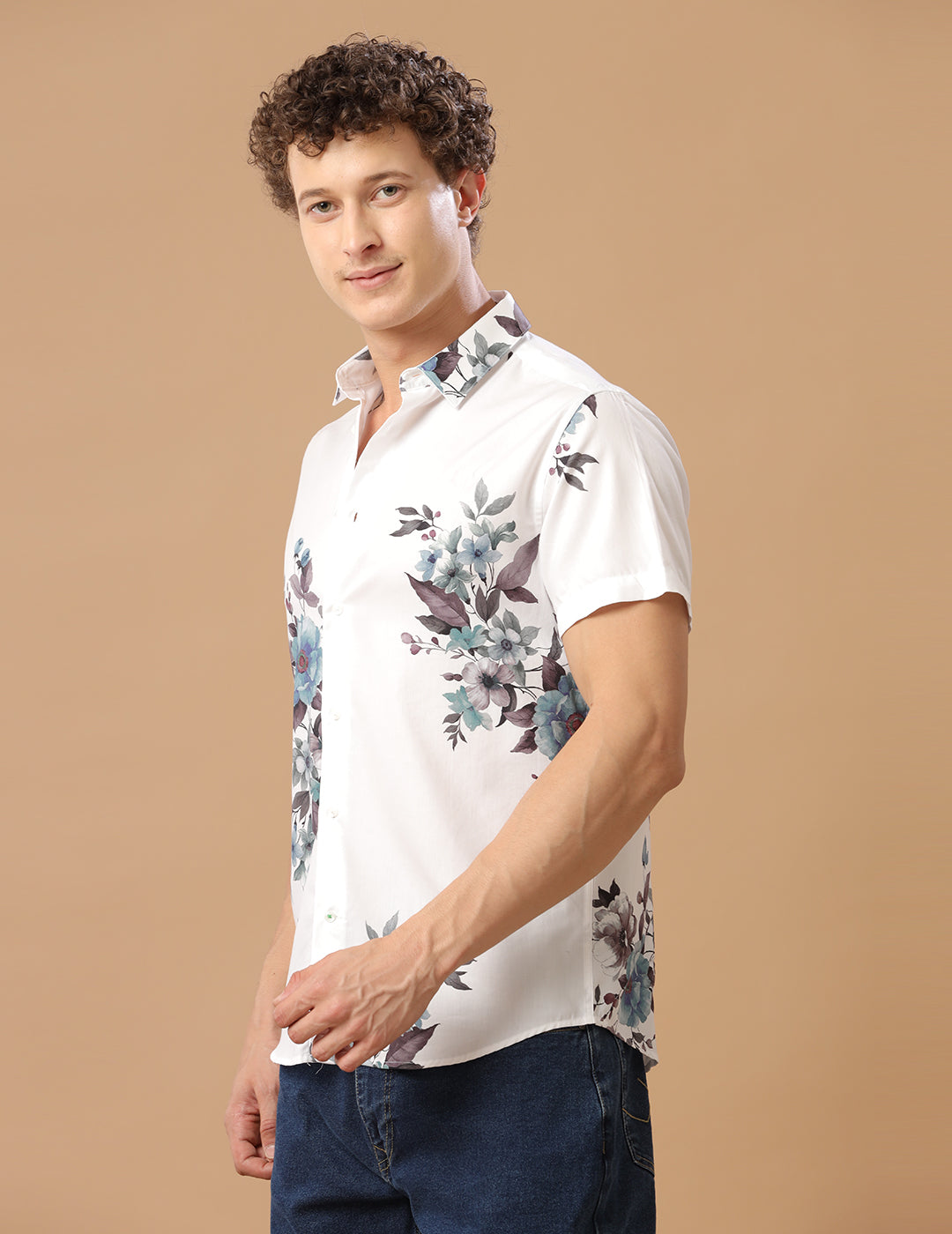 Comfort Fit Printed Short Sleeve Castor Gray Print Smart Casual Cotton Tencil Shirt (DUNDEE)