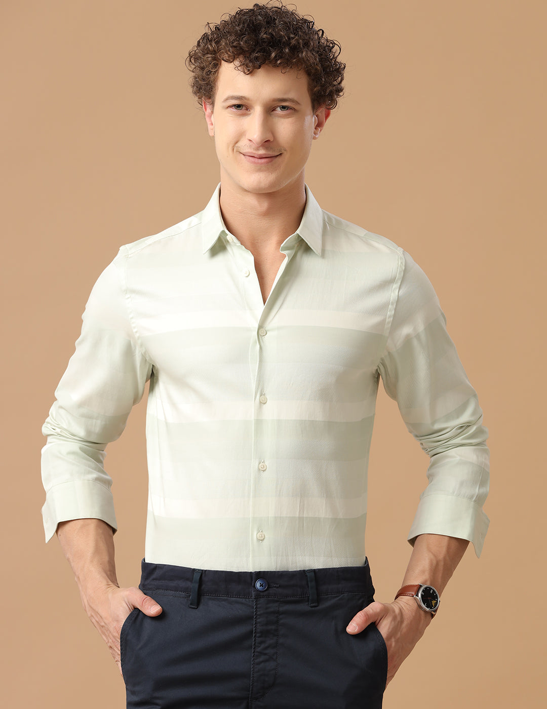 SlimFit Horizontal Stripe Bleached Aqua Smart Casual Cotton Shirt (HEAD)