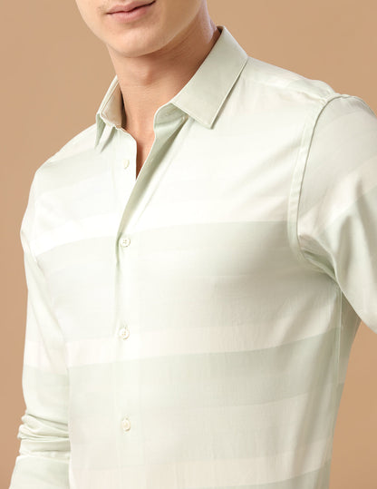 SlimFit Horizontal Stripe Bleached Aqua Smart Casual Cotton Shirt (HEAD)