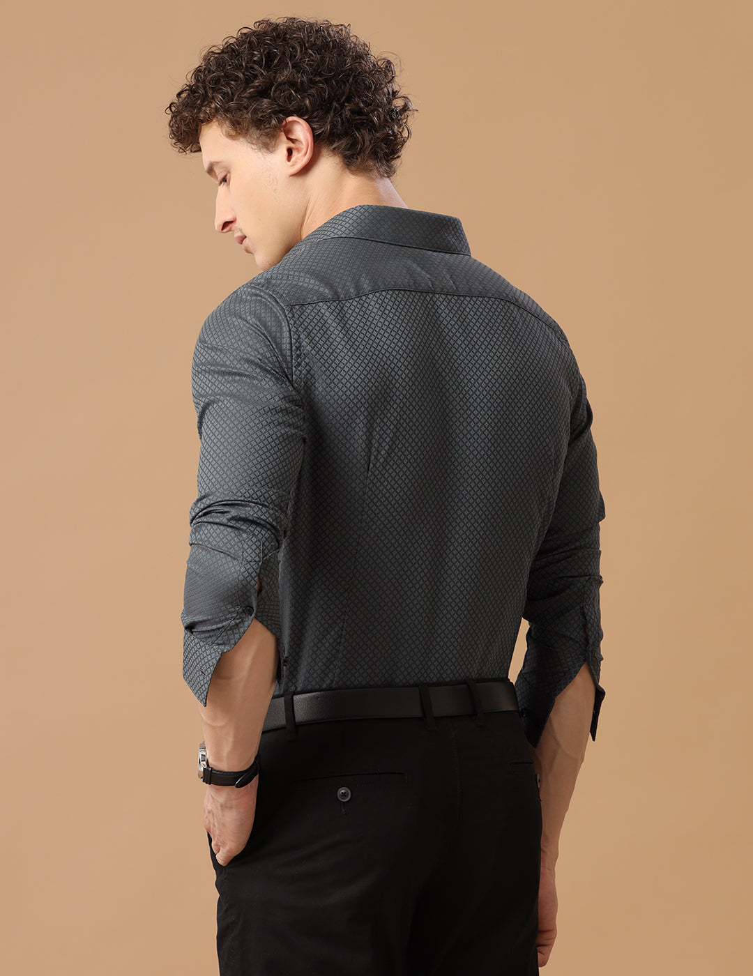 SlimFit Micro Self Checks Patriot Grey Smart Casual Cotton Shirt (HYDEN)