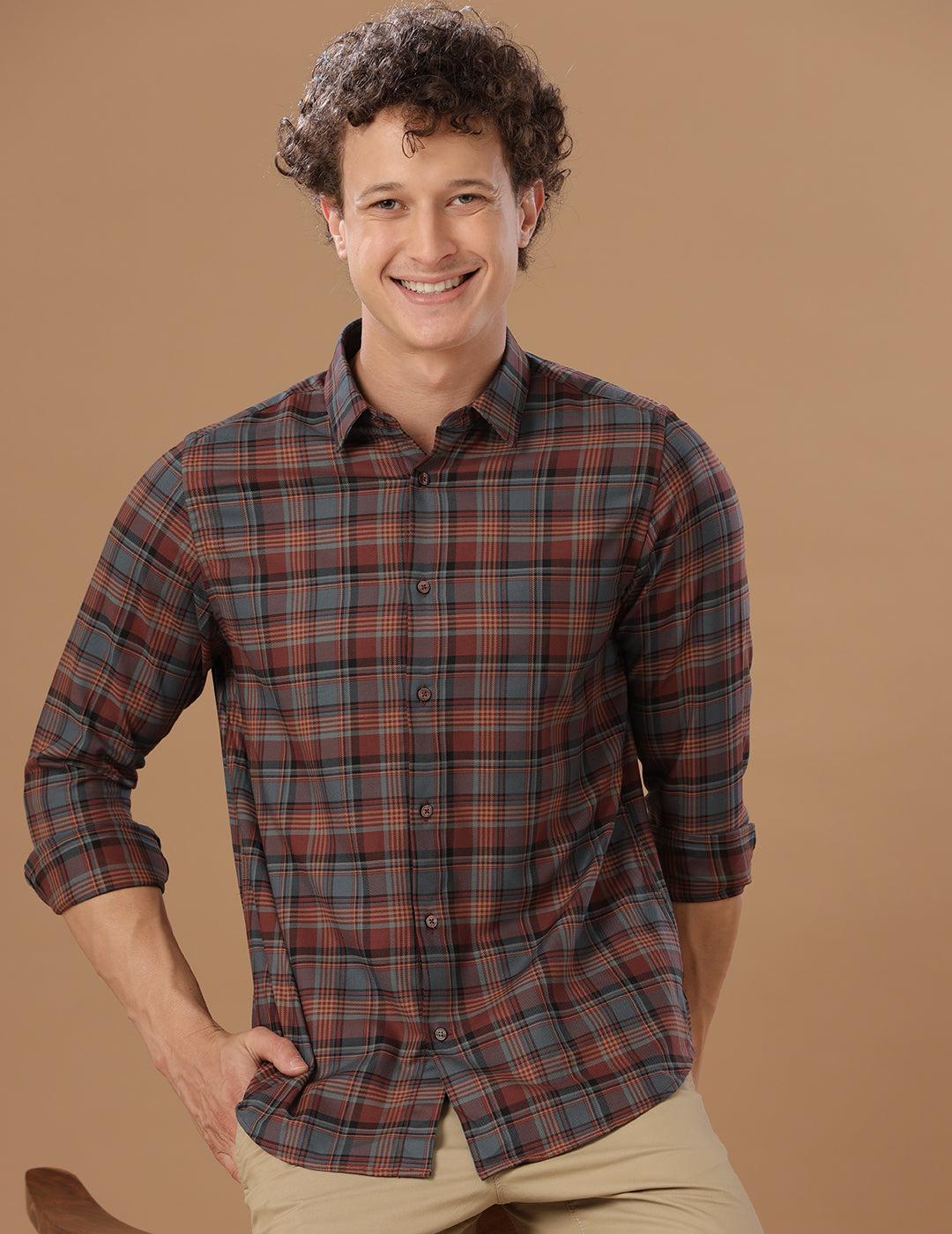 Slim Fit Check Italian Rust Smart Casual Cotton Shirt (JULIAN)