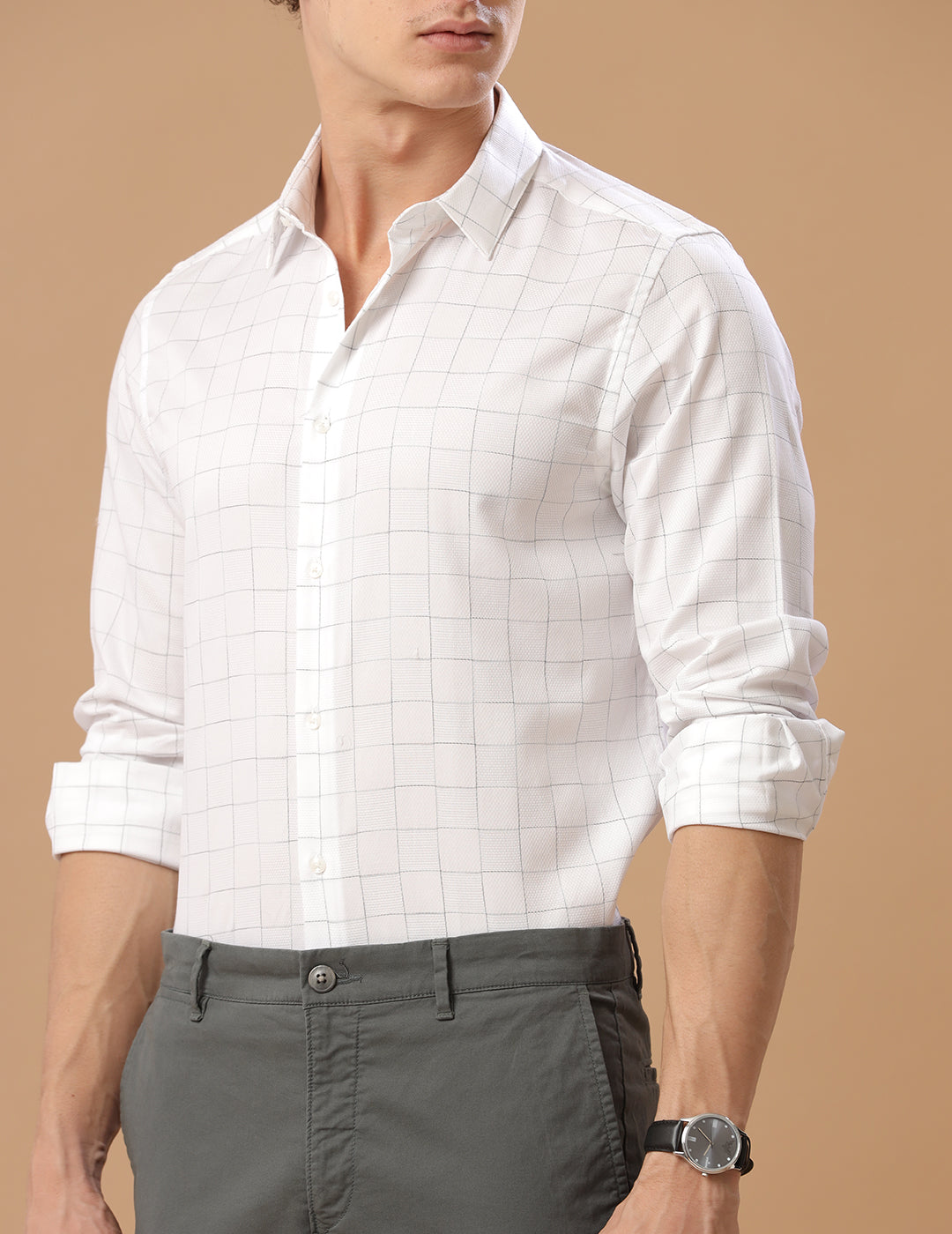 SlimFit Block-Check White Smoke Smart Casual Cotton Shirt (KEEN)