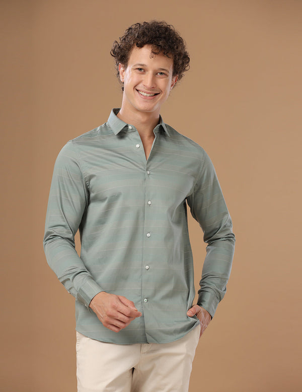 Slim Fit Striped Piquant Green Smart Casual Cotton Shirt (LEHMAN)