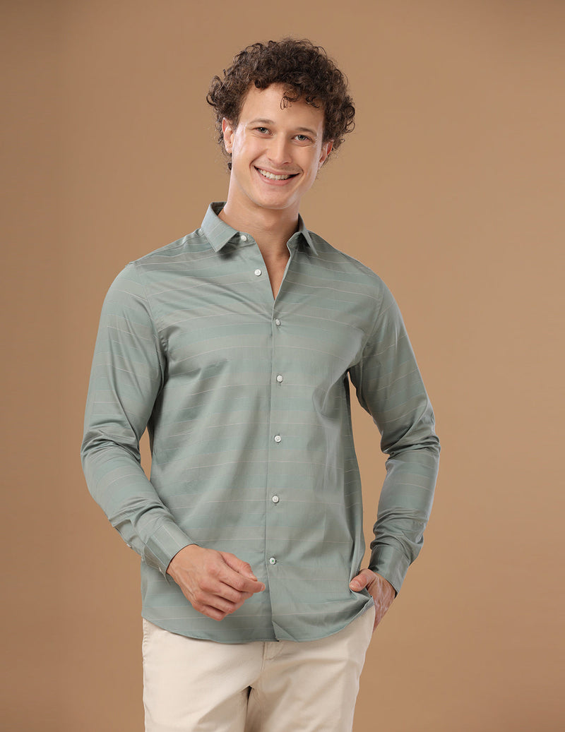 Slim Fit Striped Piquant Green Smart Casual Cotton Shirt (LEHMAN)