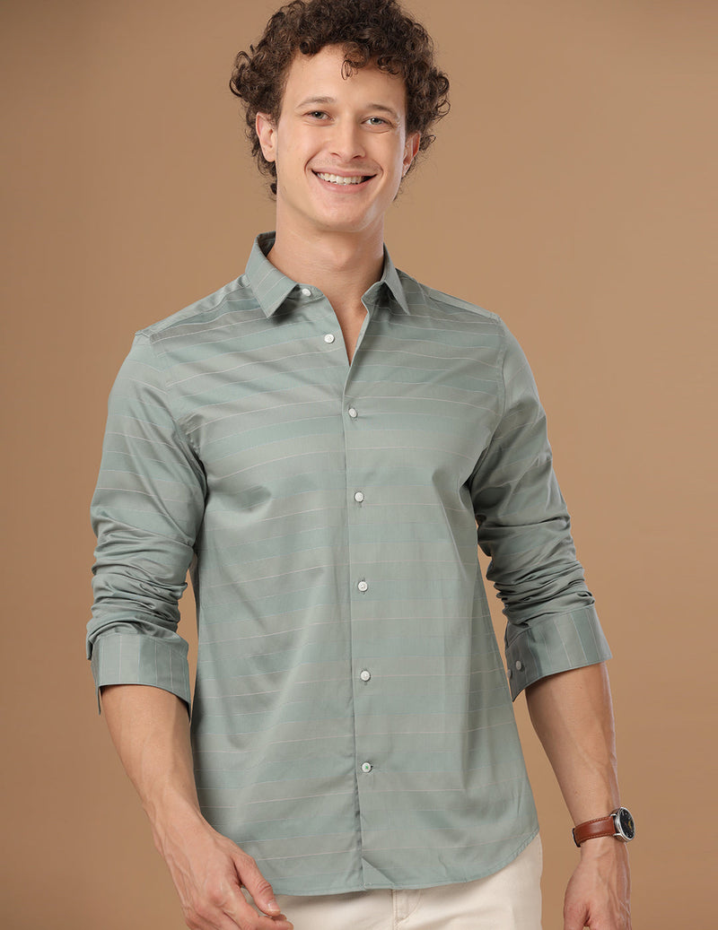 Slim Fit Striped Piquant Green Smart Casual Cotton Shirt (LEHMAN)