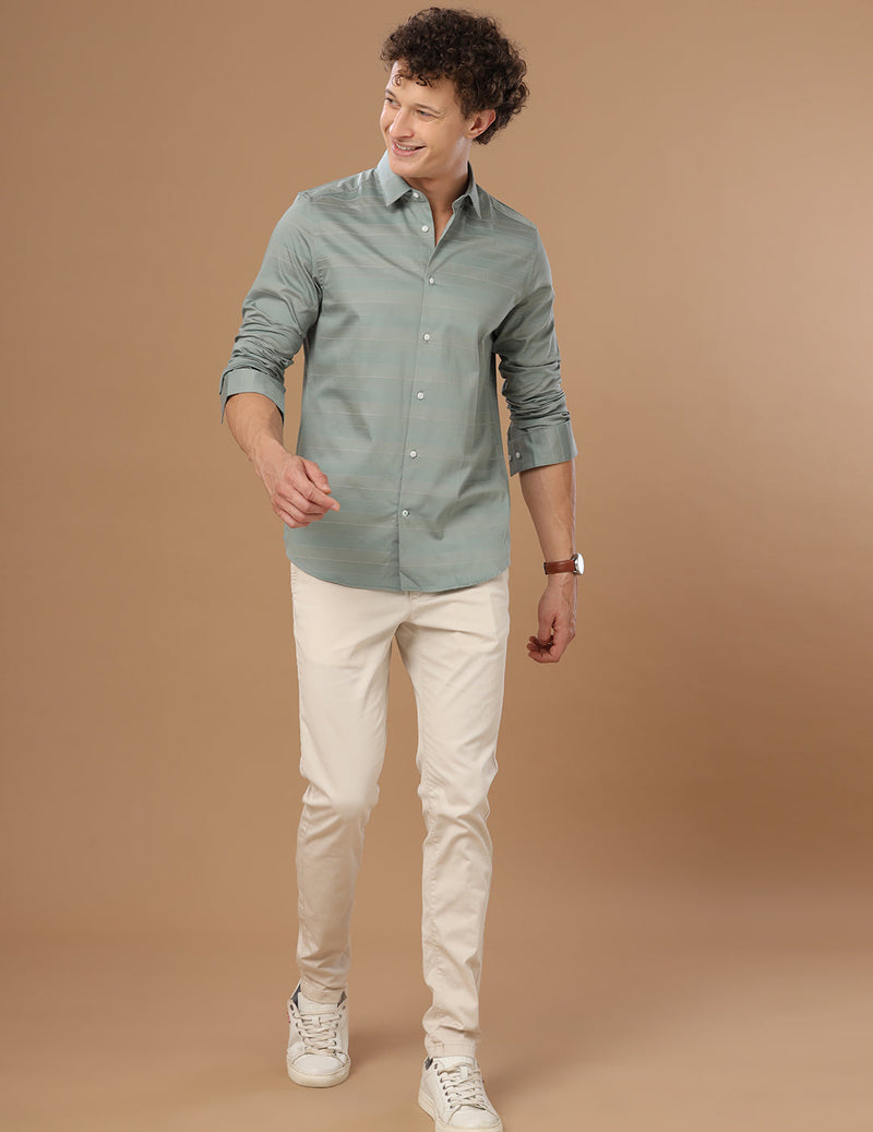 Slim Fit Striped Piquant Green Smart Casual Cotton Shirt (LEHMAN)