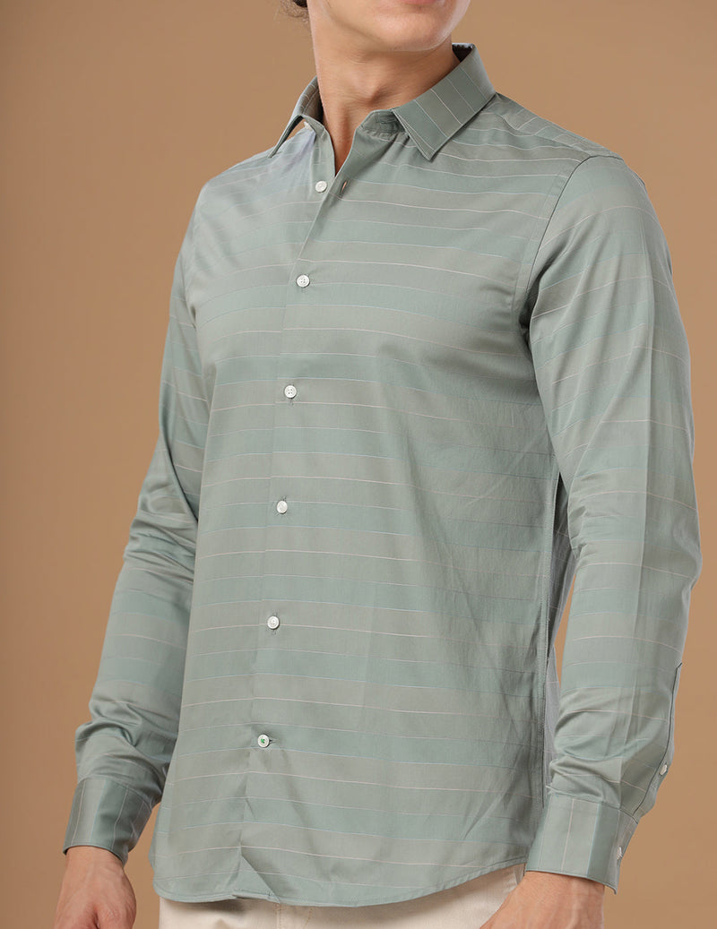 Slim Fit Striped Piquant Green Smart Casual Cotton Shirt (LEHMAN)