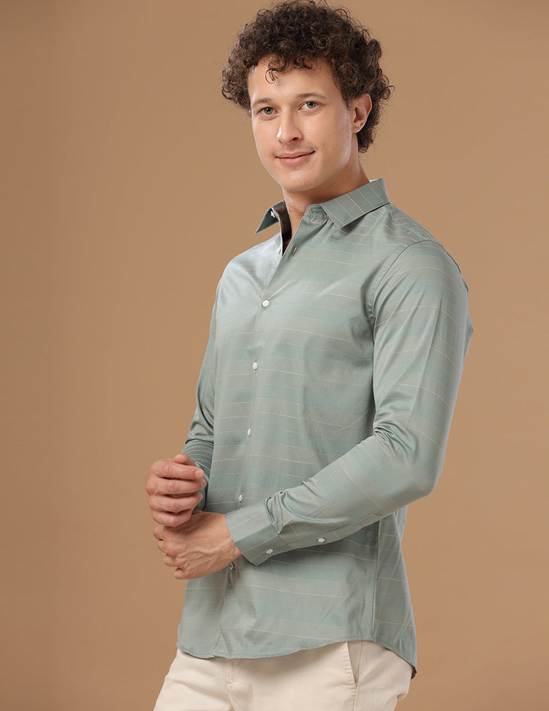 Slim Fit Striped Piquant Green Smart Casual Cotton Shirt (LEHMAN)
