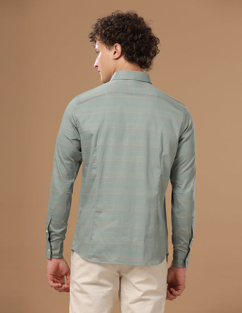 Slim Fit Striped Piquant Green Smart Casual Cotton Shirt (LEHMAN)