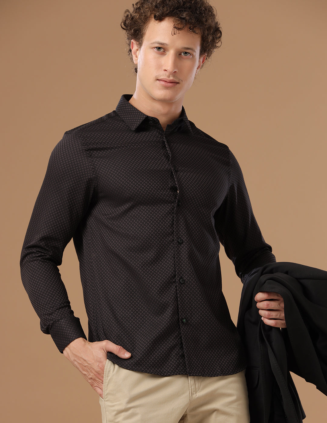 SlimFit Micro Self Checks Cocoa Brown Smart Casual Cotton Shirt (MAC)