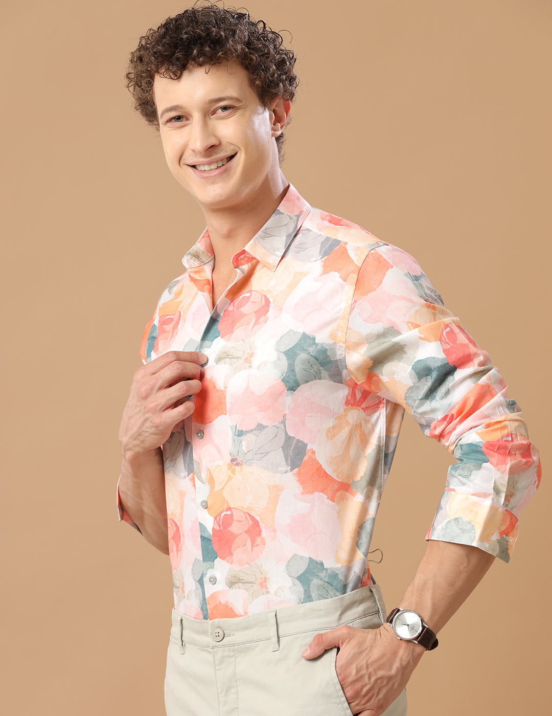 Comfort Fit Printed Marigold Smart Casual Cotton Tencel Shirt (MEAN)