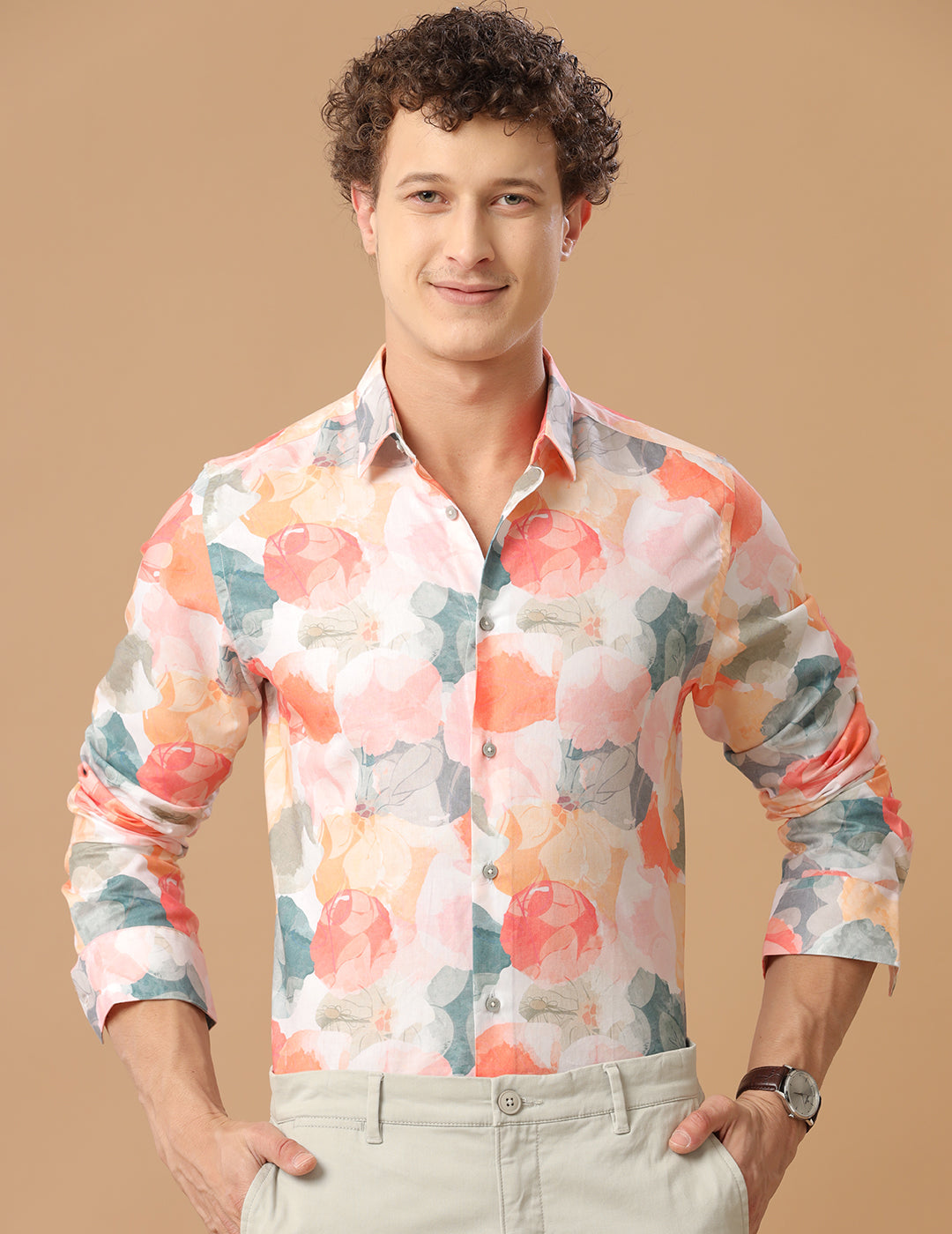 Comfort Fit Printed Marigold Smart Casual Cotton Tencel Shirt (MEAN)