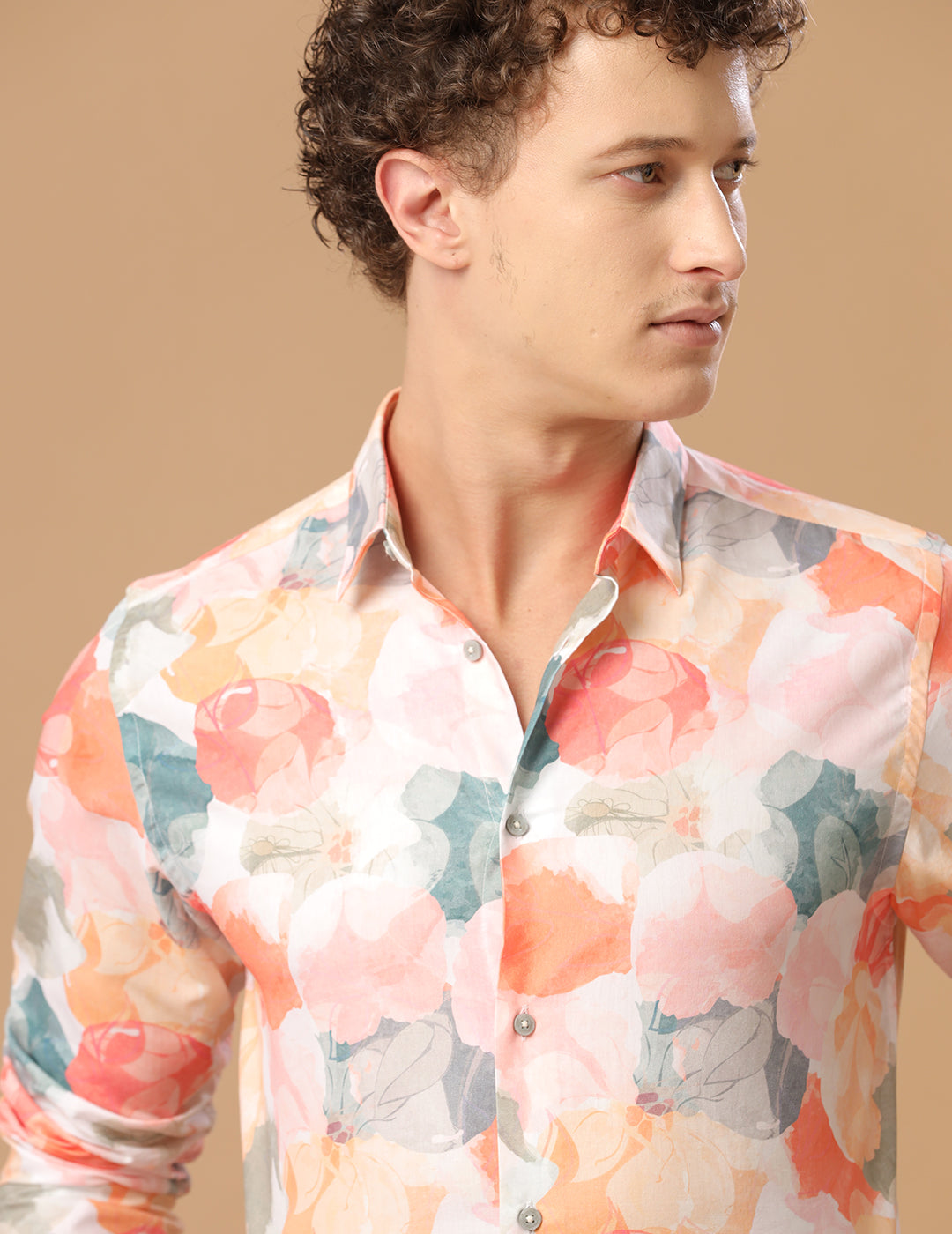 Comfort Fit Printed Marigold Smart Casual Cotton Tencel Shirt (MEAN)