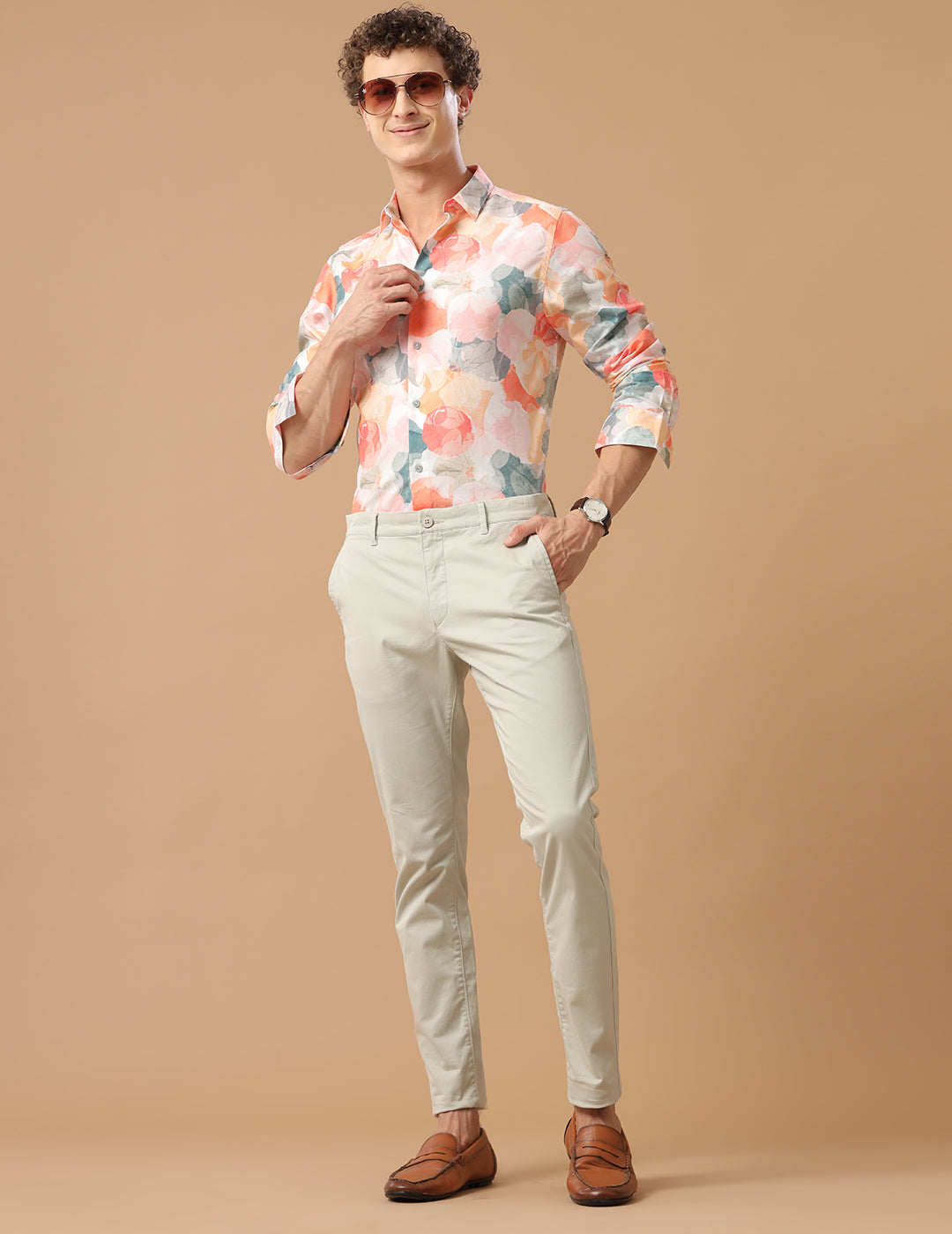 Comfort Fit Printed Marigold Smart Casual Cotton Tencel Shirt (MEAN)