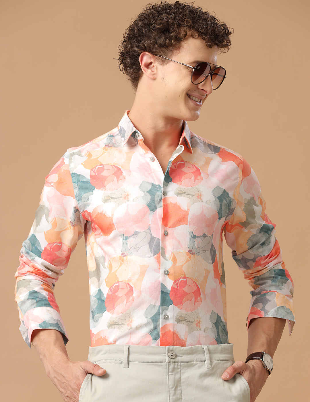 Comfort Fit Printed Marigold Smart Casual Cotton Tencel Shirt (MEAN)