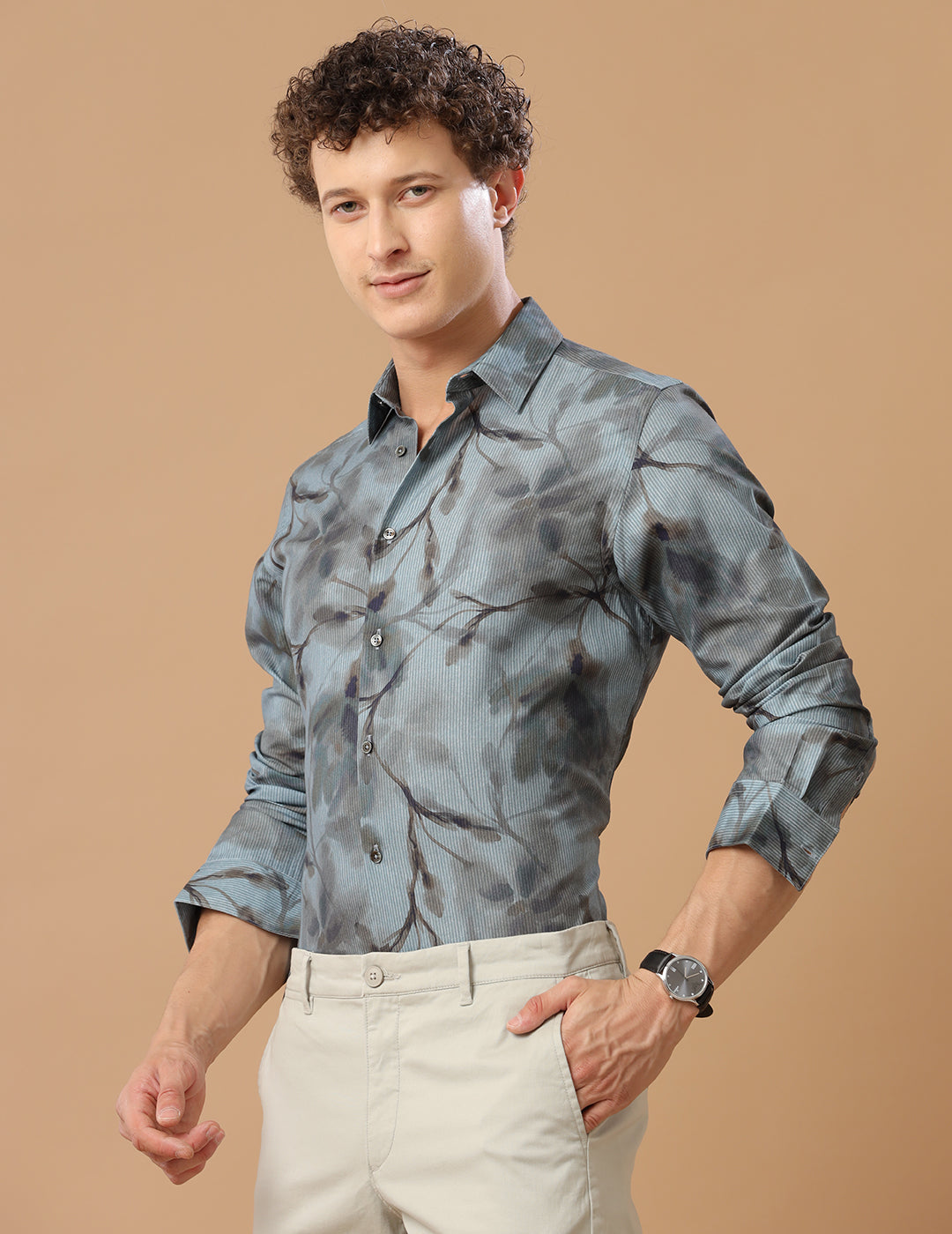 Comfort Fit Printed Medium Grey Smart Casual Cotton Tencel Shirt (MIAMI)