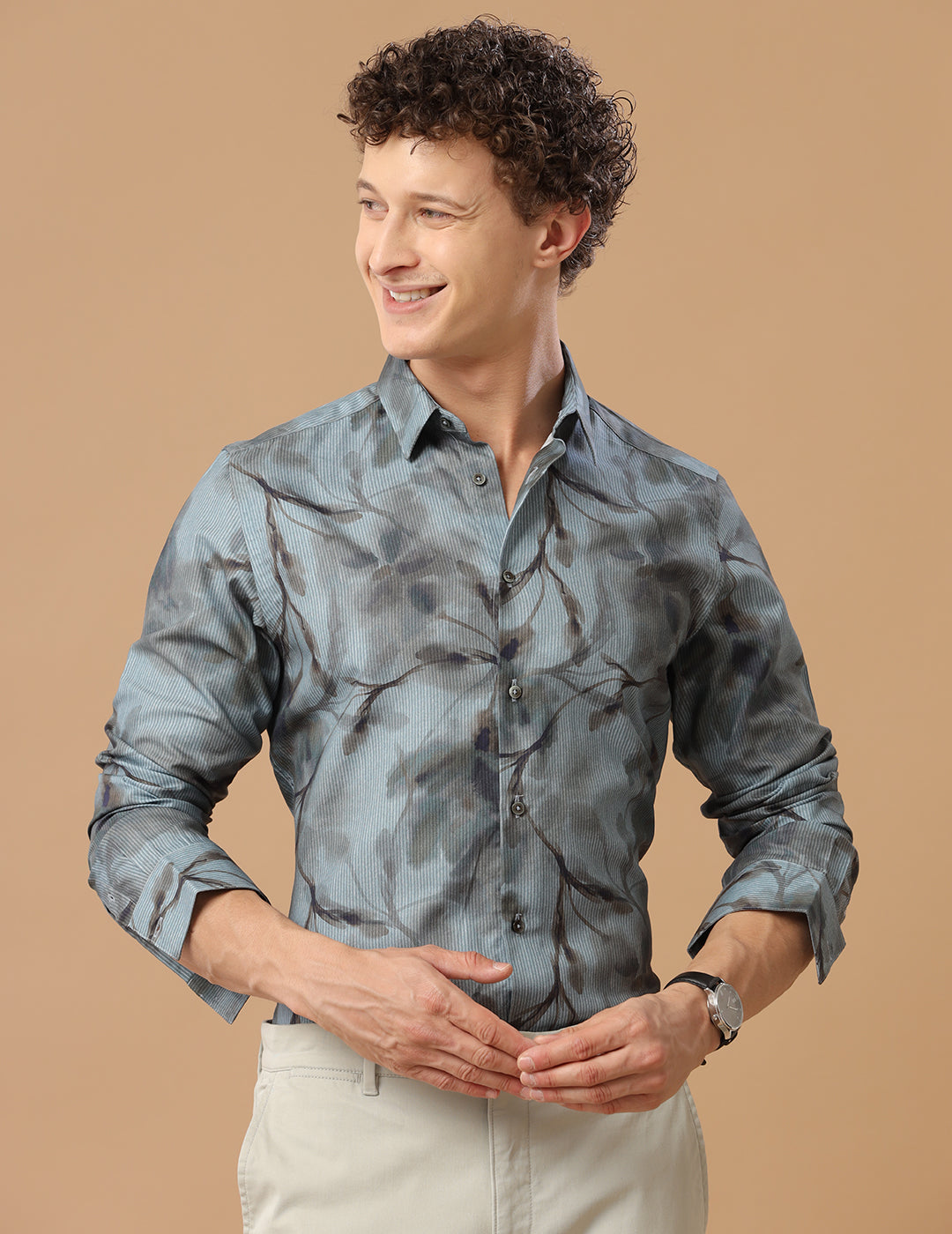 Comfort Fit Printed Medium Grey Smart Casual Cotton Tencel Shirt (MIAMI)