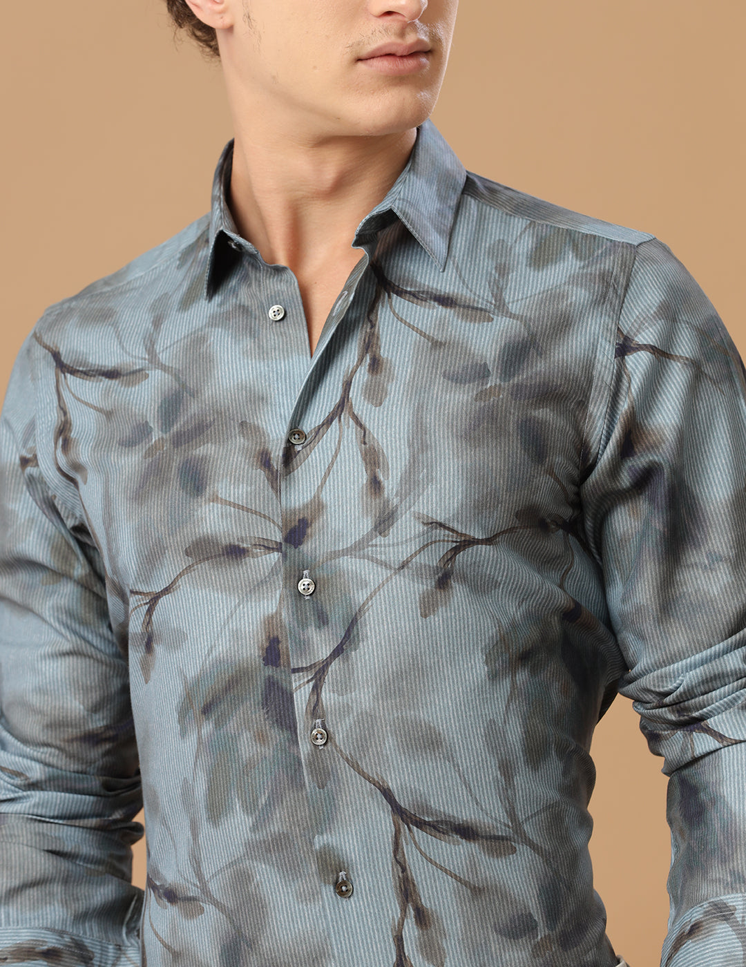 Comfort Fit Printed Medium Grey Smart Casual Cotton Tencel Shirt (MIAMI)